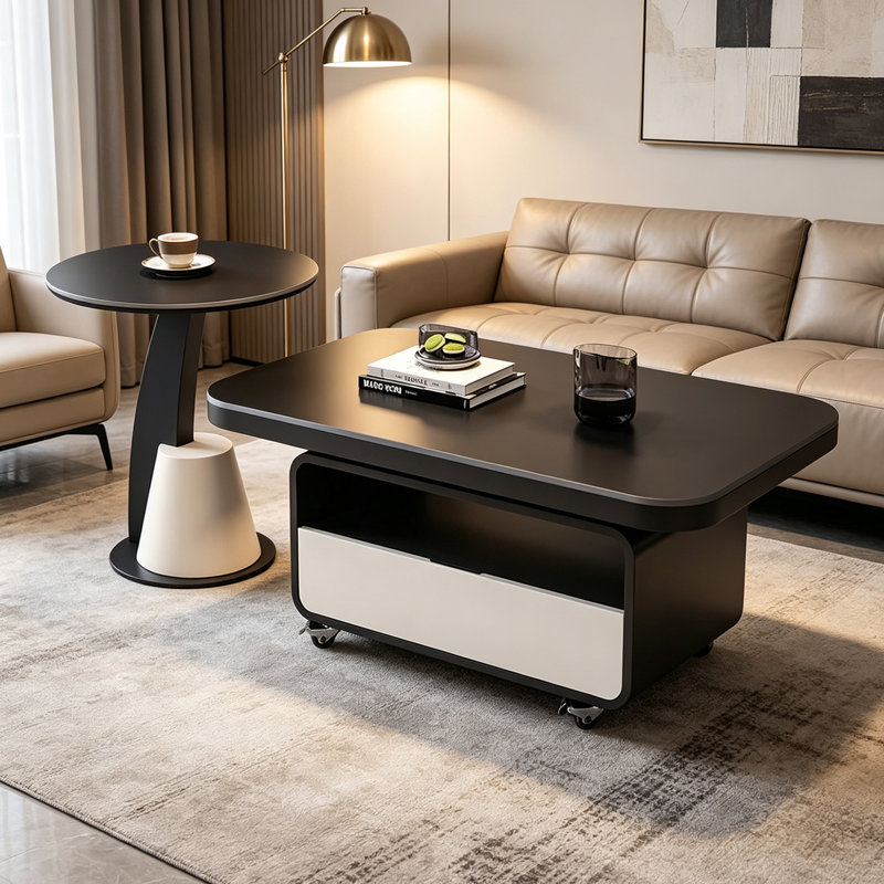 Table basse minimaliste moderne haut de gamme, 18.5" H x 31.49" W x 15.74" D, Plateau noir / base blanc noir