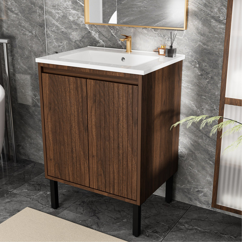 Meuble-lavabo moderne de 24 pouces, fixé au mur ou au sol, lavabo en céramique lisse, meuble-lavabo simple avec lavabo intégré, conception sur pied, fonctionnement silencieux, grands tiroirs de rangement