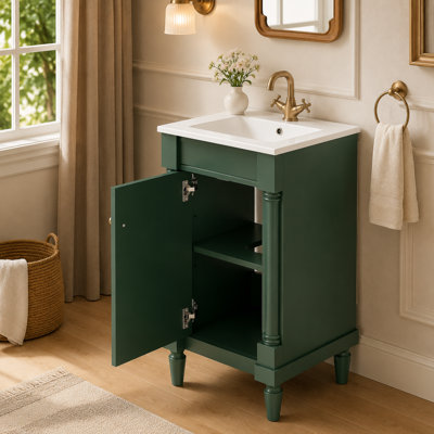 Meuble-lavabo compact de style français, 45,7 cm (18 pouces), vert, lavabo en céramique, tablette réglable, charnières à fermeture douce