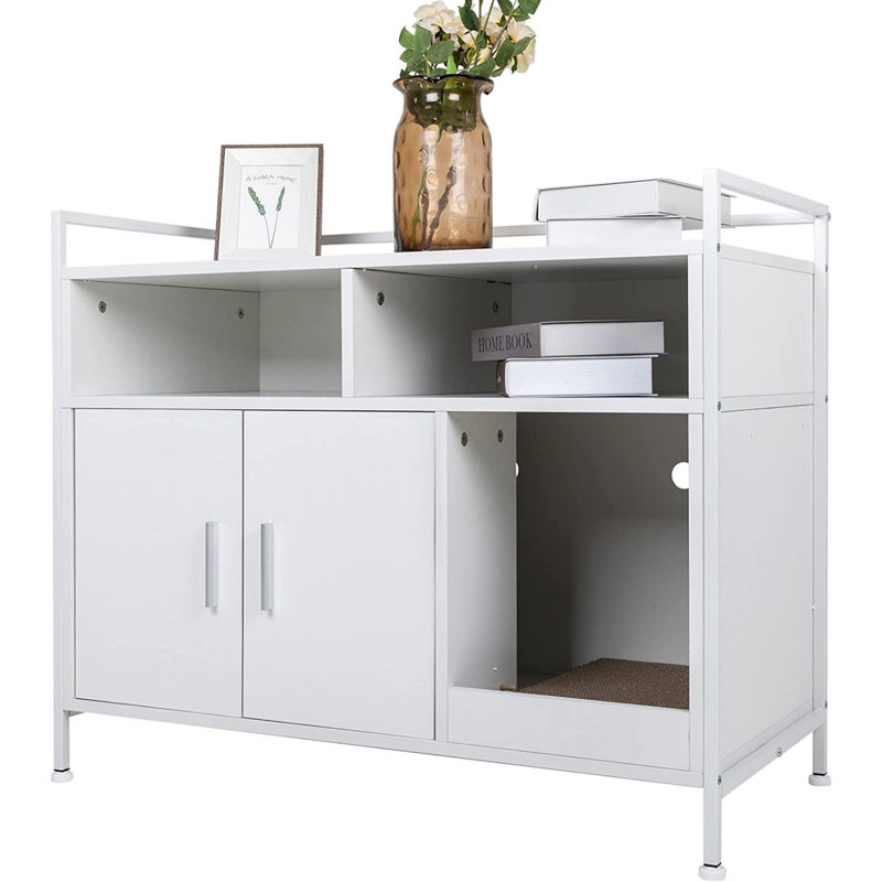 White Manufactured Wood and Metal Litter Box Enclosure with Storage Shelves
