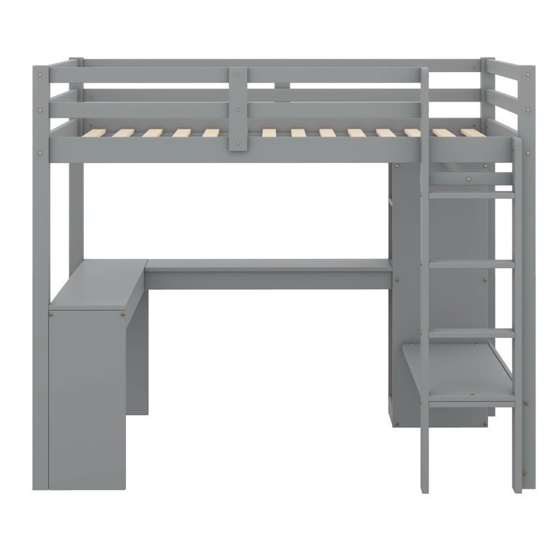 Structure de lit mezzanine avec tablettes et échelle pour garde-robe de bureau en L, Gris, Lit simple