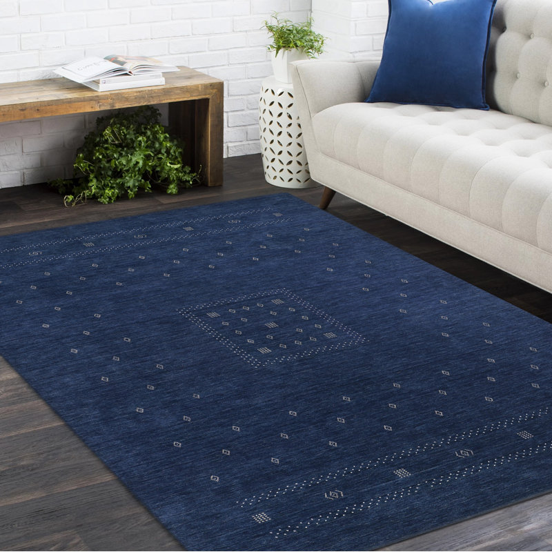 Simi Hand Knotted Cotton/Wool Southwestern Area Rug, Dark Navy, Rectangle 5' x 8'