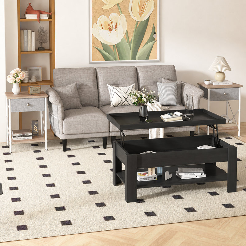 Ensemble de table de salon 3 pièces avec table basse à plateau relevable noir et 2 tables de bout, ensemble de table basse avec tablette de rangement cachée, tables d'appoint à tiroirs en tissu, ensemble de table de ferme moderne pour salon, chambre à coucher, appartement