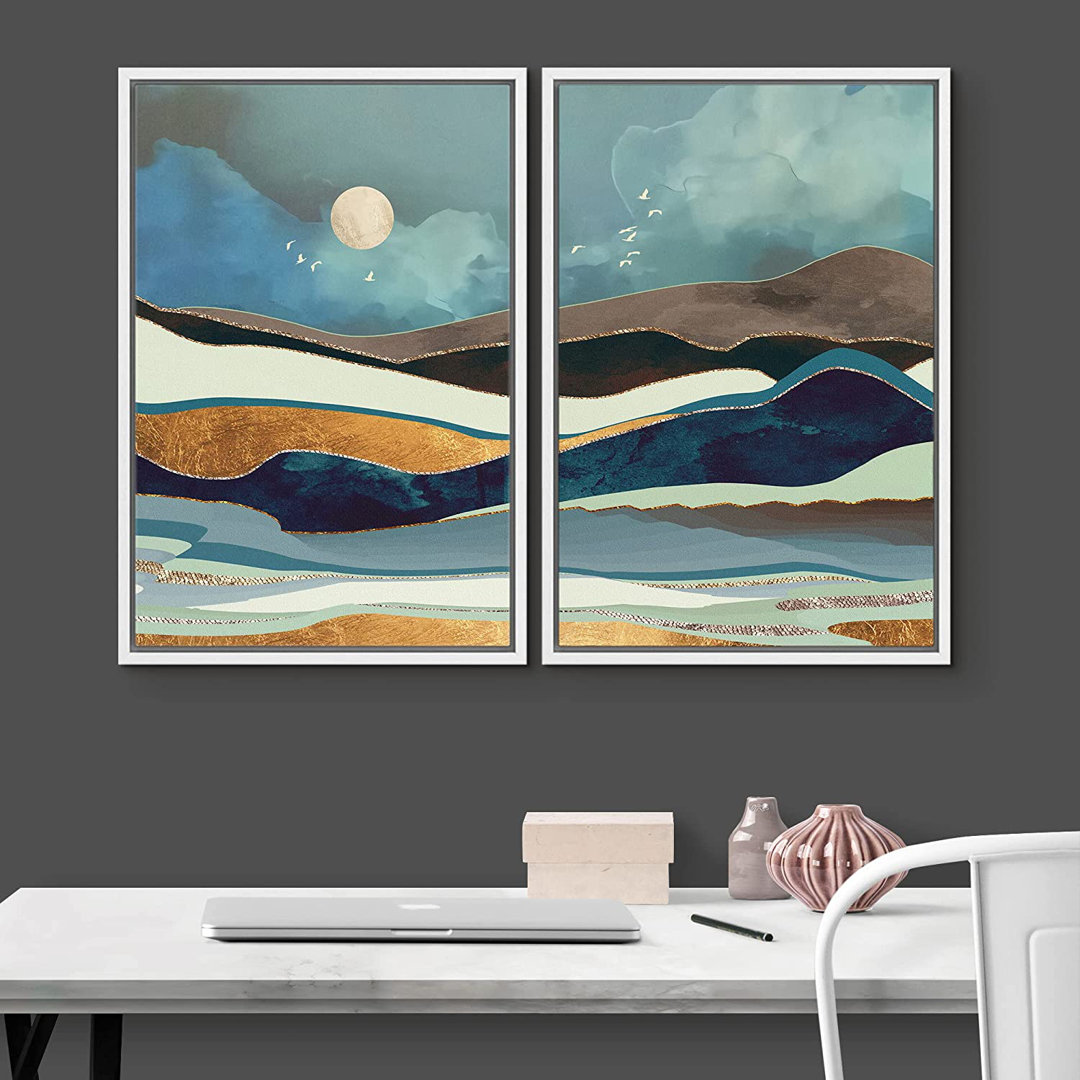 Sun Mountain Range " Pastel Blue Gold Mountain Range " 2 - Pieces IDEA4WALL 