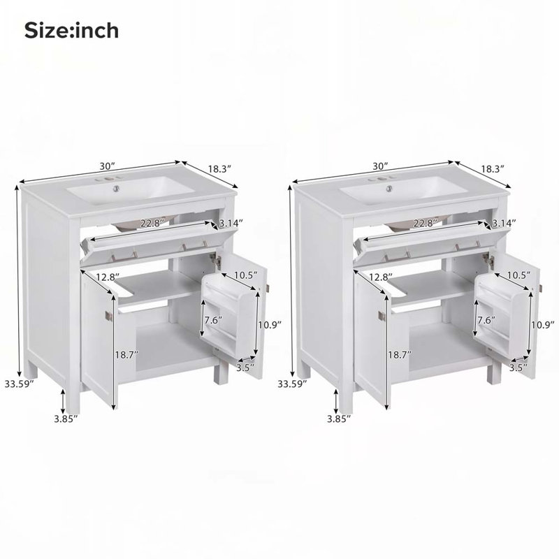 Ensemble de meuble-lavabo avec lavabo en céramique, tablette réglable et portes à fermeture en douceur, Blanc, Argent
