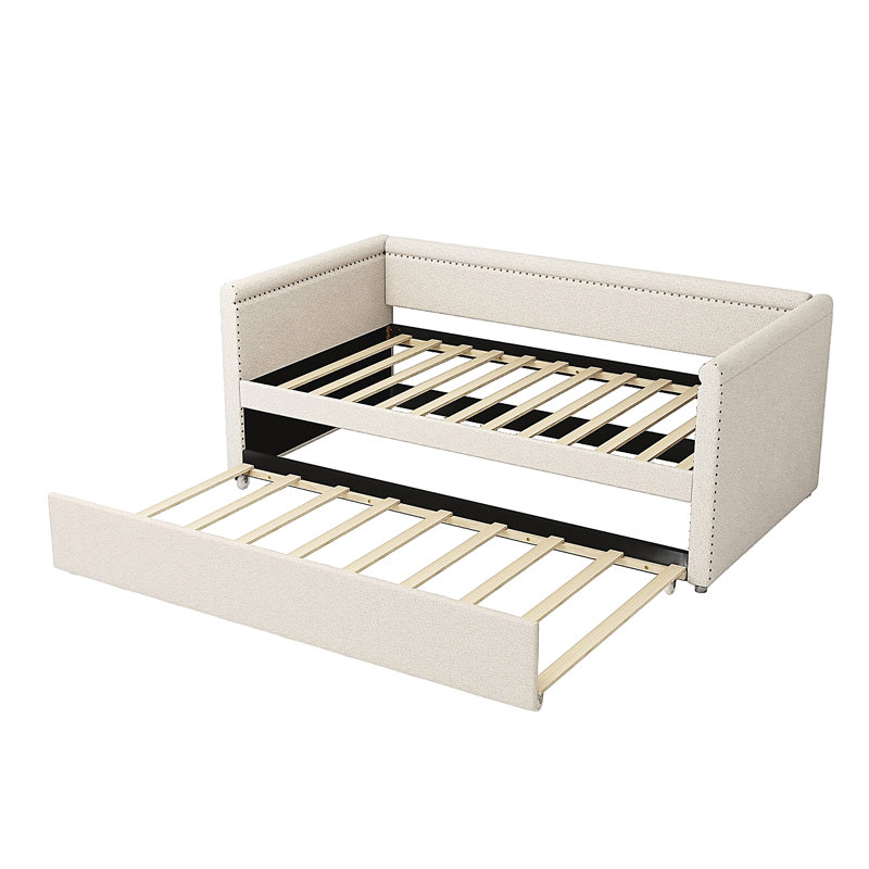 Twin Size Upholstered Daybed With Trundle, Beige