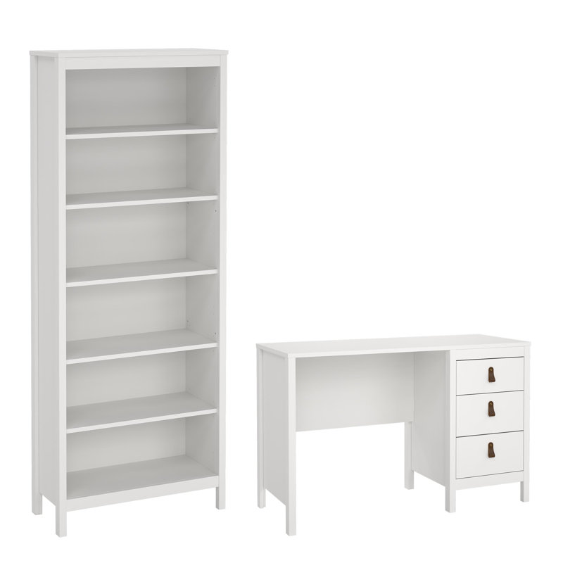 Ensemble de bureau 2 pièces Madrid - Bureau d'écriture avec 3 tiroirs de rangement et bibliothèque à 6 tablettes, blanc