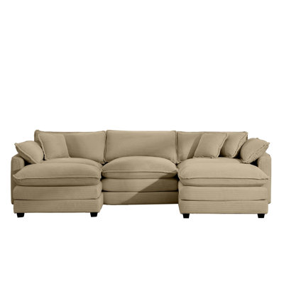 Tan Oversized Modular Corduroy L-Shaped Sectional Sofa with Ottoman, Deep Seating Living Room Set