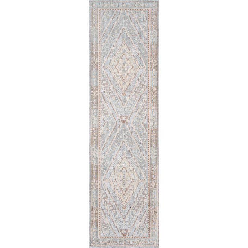 Tapis bleu à motif géométrique Allerone, Tapis de couloir 2 pi 3 po x 8 pi