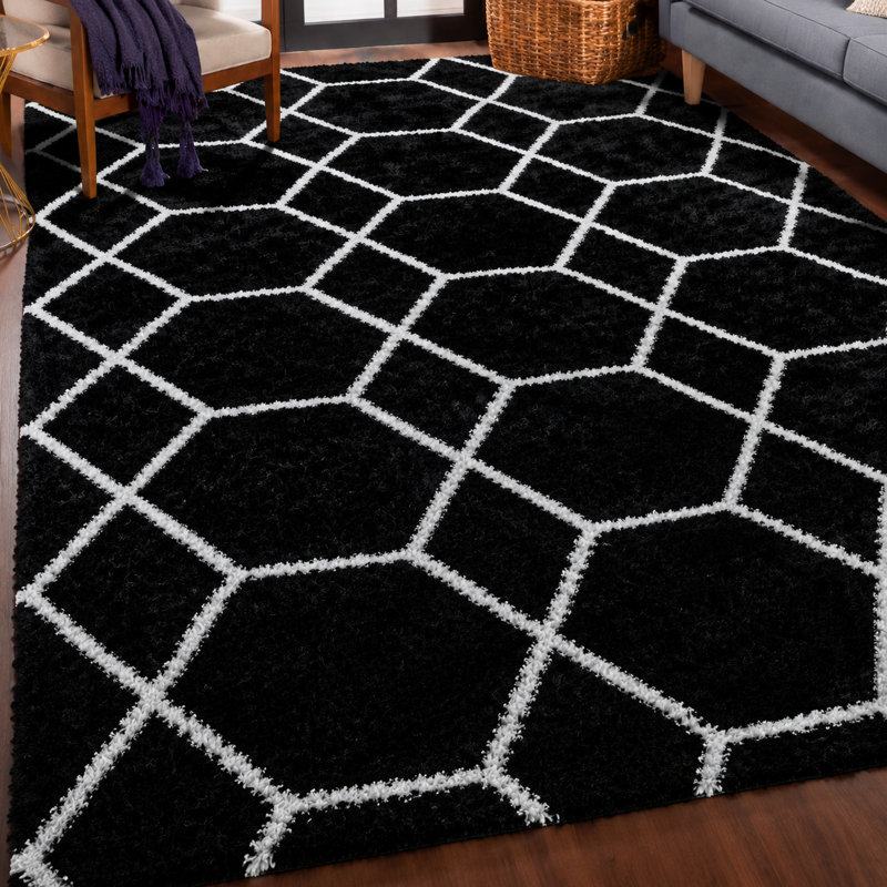 Black & White Geometric Area Rug, Soft Plush Carpet for Living Room Hallway, Festive Holiday Rug for Halloween Christmas, Non-Slip Floor Mat for Home Office, Stylish Hexagon Decor