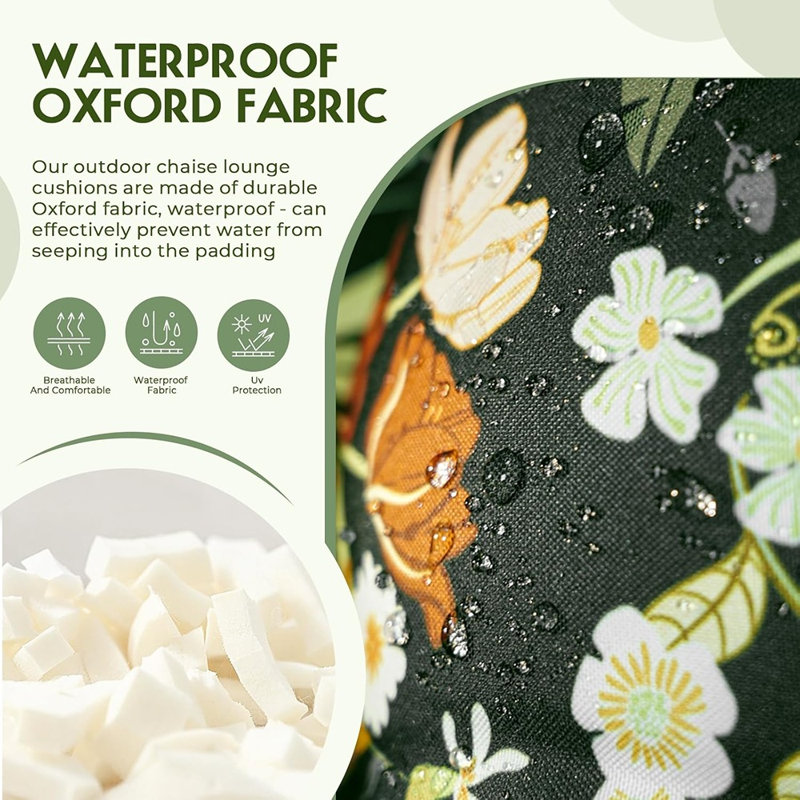 Coussin de chaise longue toutes saisons, coussin de chaise longue d'extérieur en mousse viscoélastique imperméable avec attaches, coussin de remplacement de mobilier de patio épais, motif floral vert