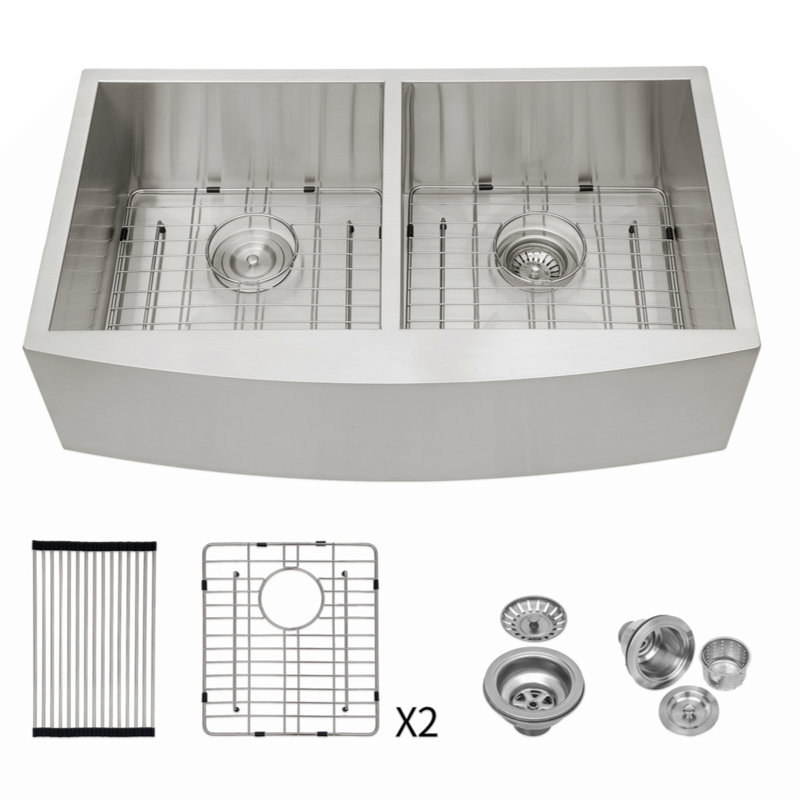 Double Bowl Farmhouse Sink- 33"X20" Stainless Steel Farm Sink Undermount Apron Front Double Bowl Kitchen Sink 18 Gauge With 2 9" Deep Basin