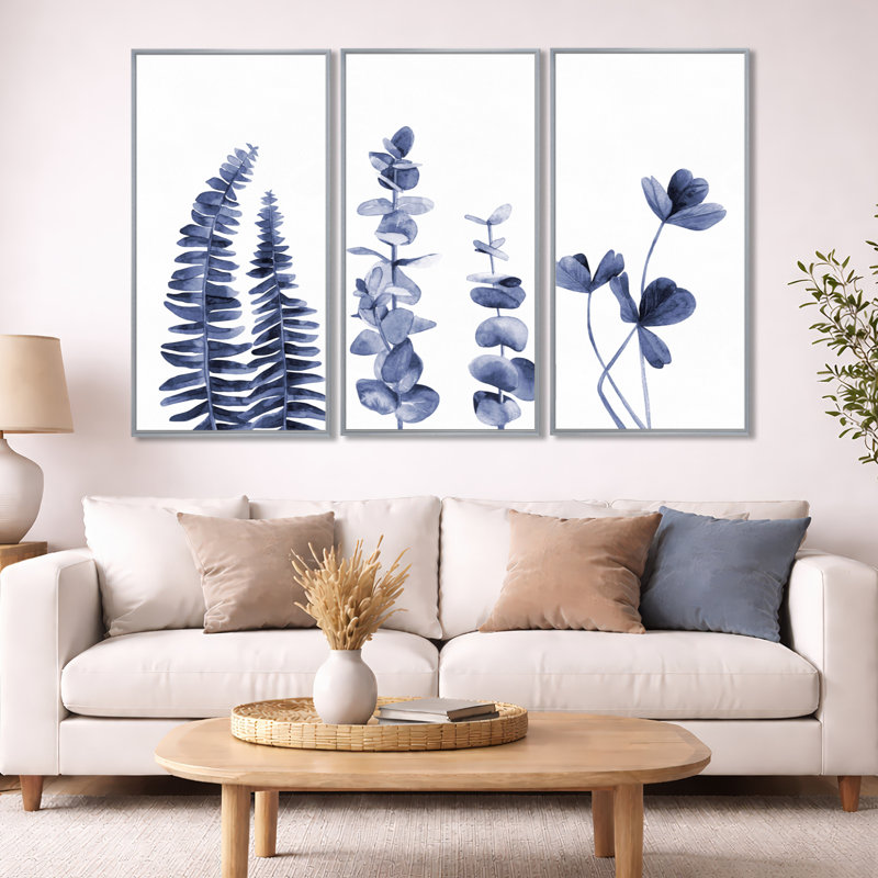 Bleu marine eucalyptus I - 3 pièces, reproduction sur toile, H 40 po x l 60 po, Argent