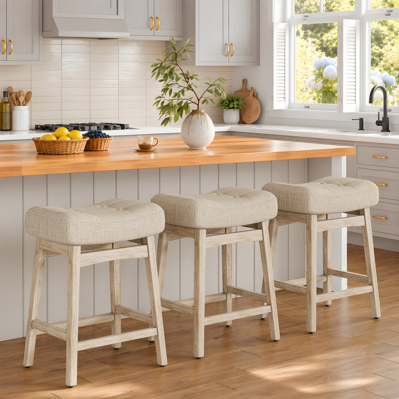 Tabouret de bar rembourré en forme de selle avec cadre en bois massif (ensemble de 3), Lin beige / bois, 3