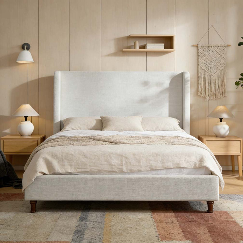 Lit tapissier avec tête de lit Elegant Simplicity, Chenille blanc crème, Très grand lit