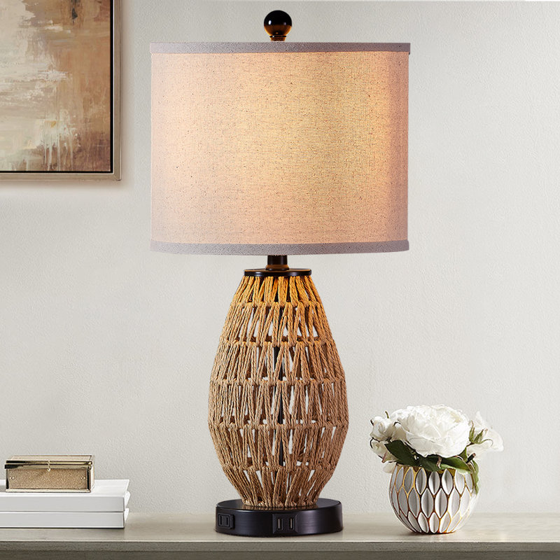 Adone 22.5" Natural Rattan Bedside Table Lamp with Dual USB Ports and Touch Control
