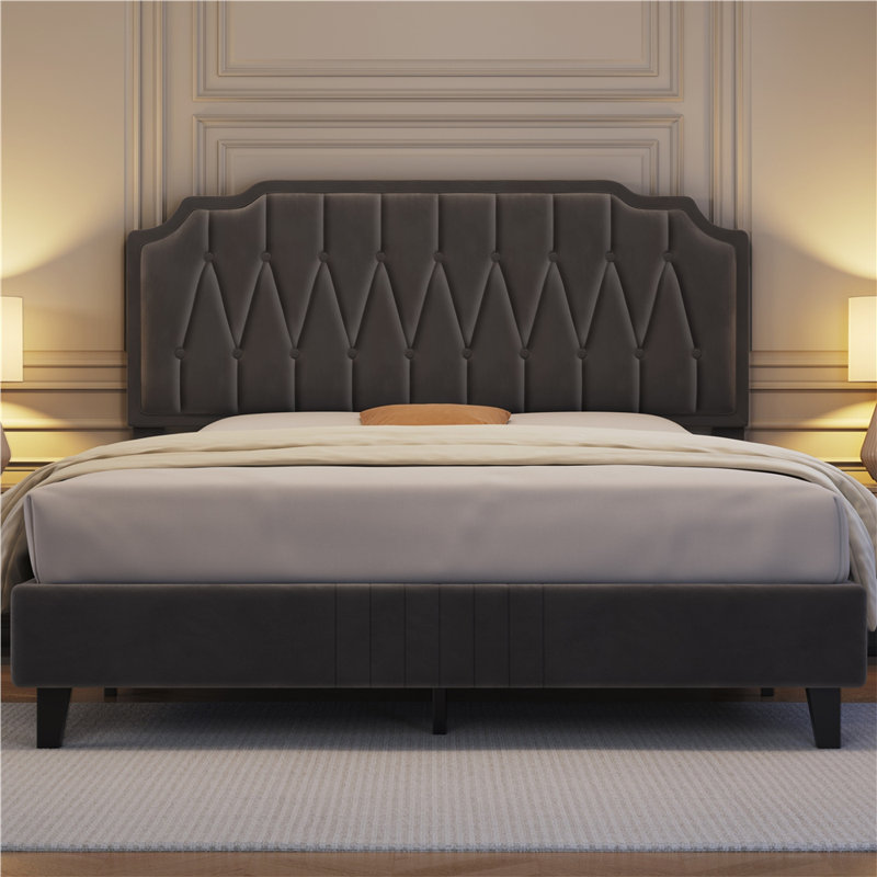 Upholstered Bed Frame with with Diamond Button-Tufted Headboard, Double (4'6), Dark Grey
