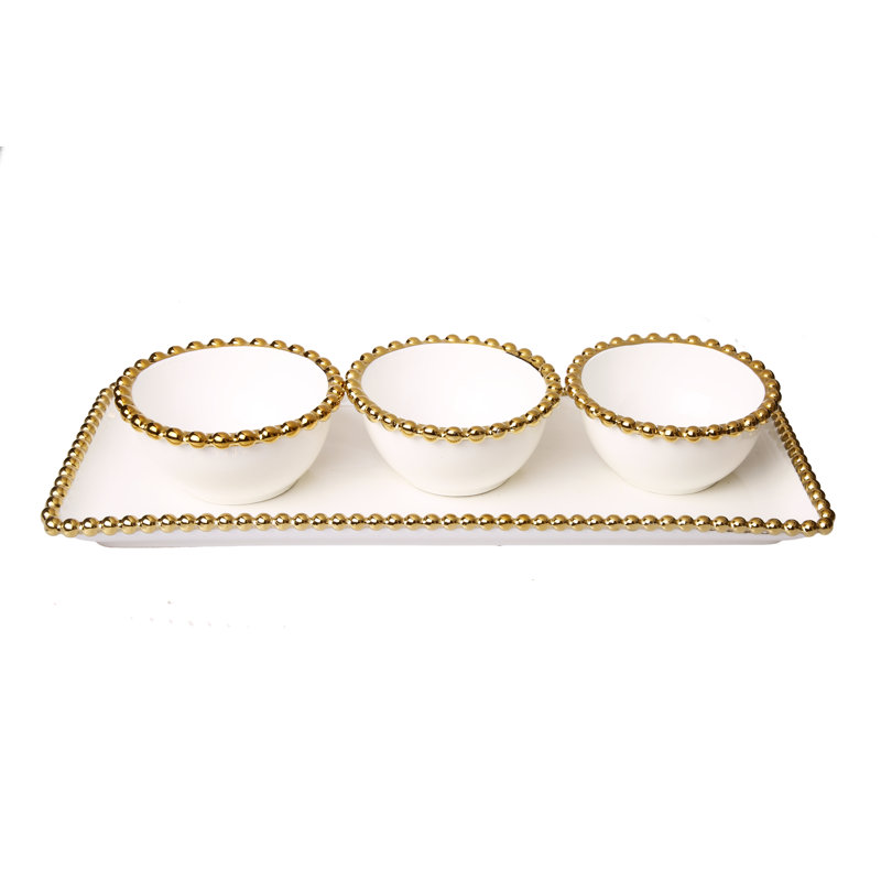 Plat en porcelaine blanc avec 3 bols ronds et motif de perles dorées