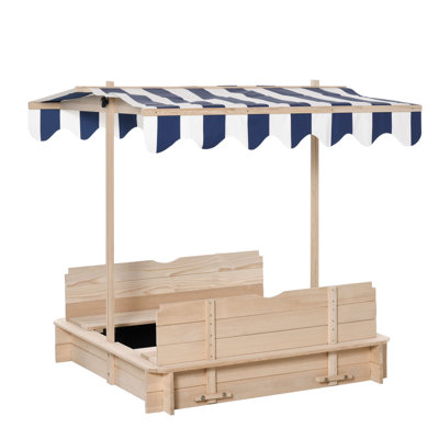 Wooden Kids Sandbox With Cover, Children Outdoor Sand Box With Foldable Bench Seats, Adjustable Canopy, Bottom Liner For Outdoor
