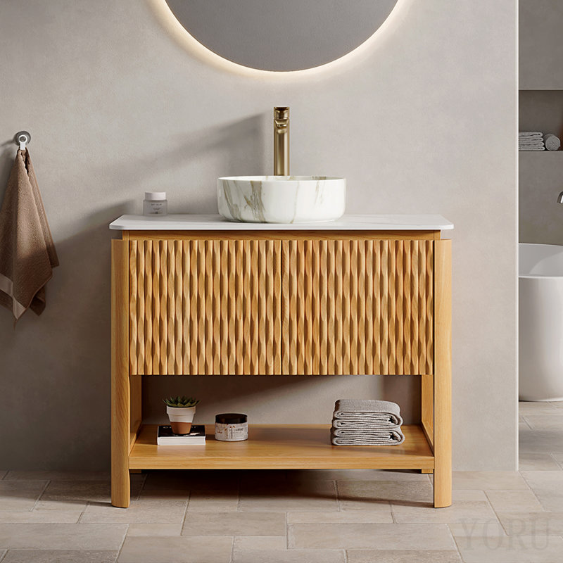 Meuble-lavabo de 91 cm (36 po) avec lavabo, meuble de rangement autoportant en contreplaqué avec 2 portes à texture bambou et étagère ouverte, lavabo rond en céramique blanche et plateau en pierre frittée blanche de Carrare, couleur grain de bois