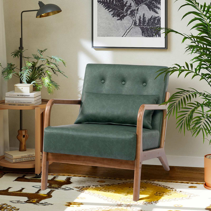 Walthill 63 cm Modern Scandinavian Solid Wood Armchair,  Faux Leather, Green