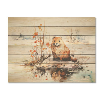 Watercolor Stream Beaver Serenity I - Beaver On Wood Print