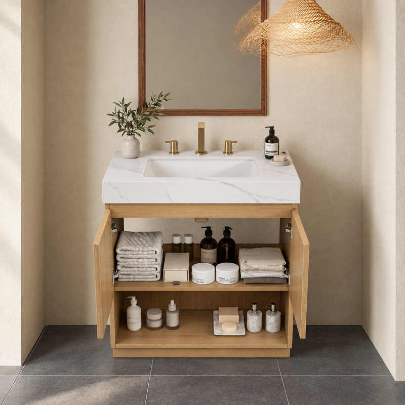 Meuble-lavabo sur pied moderne cannelé avec comptoir en pierre frittée blanche de Carrare et lavabo en céramique prépercé pour robinetterie, chêne