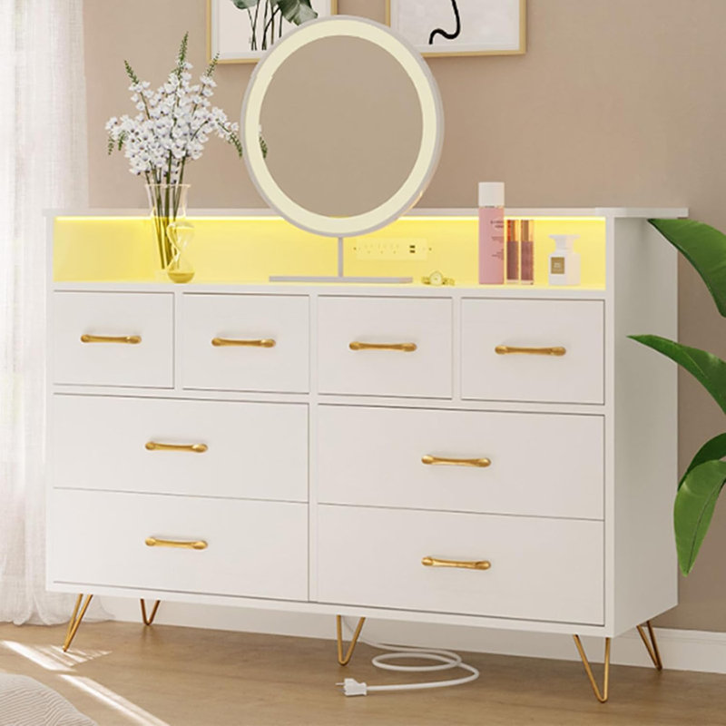 Commode 8 tiroirs avec lumière DEL et station de charge, Doré, Blanc