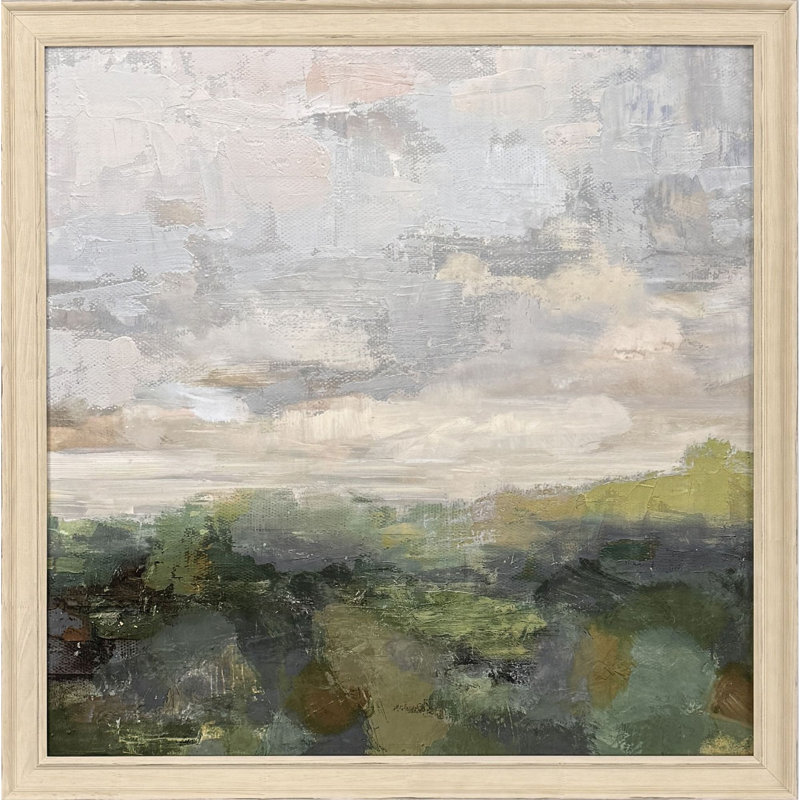 Sarah Lang Green and Gray Abstract Landscape Canvas with Distressed Ivory Frame