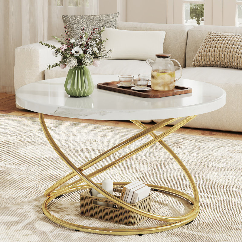 31.5" Round Coffee Table With Cross Metal Legs, White, Gold