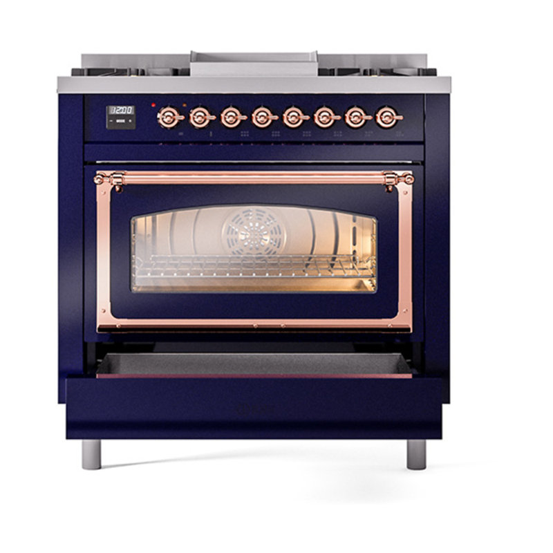 ILVE Nostalgie II Noblesse 36 in Dual Fuel Range, Liquid Propane, Midnight Blue/Copper