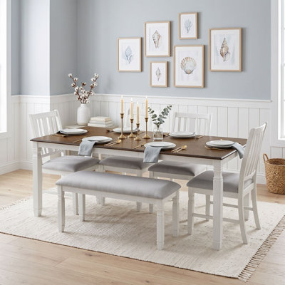 Ensemble de table de salle à manger six pièces avec quatre chaises rembourrées et banc