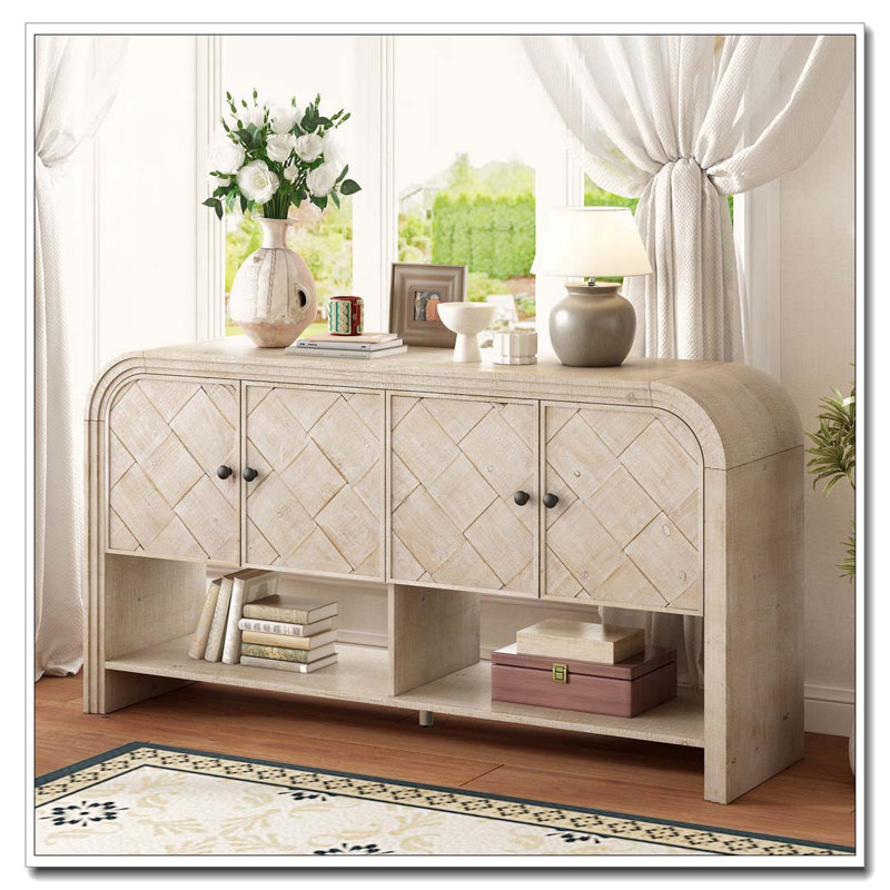console avec lattes en bois tissé, Beige+Brown