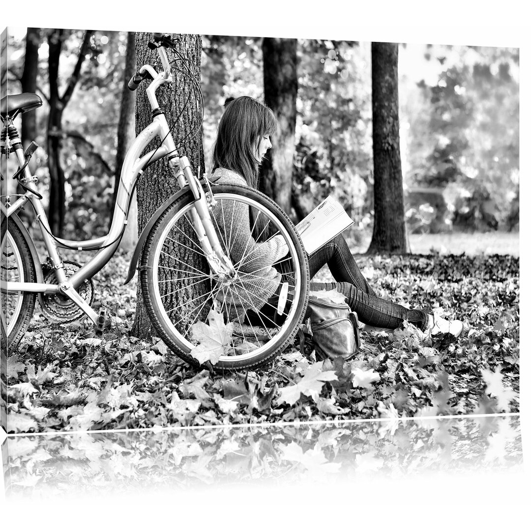 Leinwandbild Teenage-Girl with Bike in Monochrom