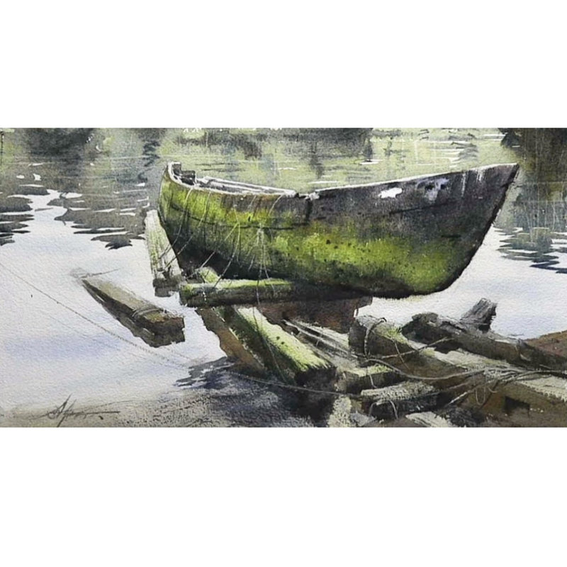 Bateau cassé sur le rivage | Aquarelle sur papier | Décoration murale