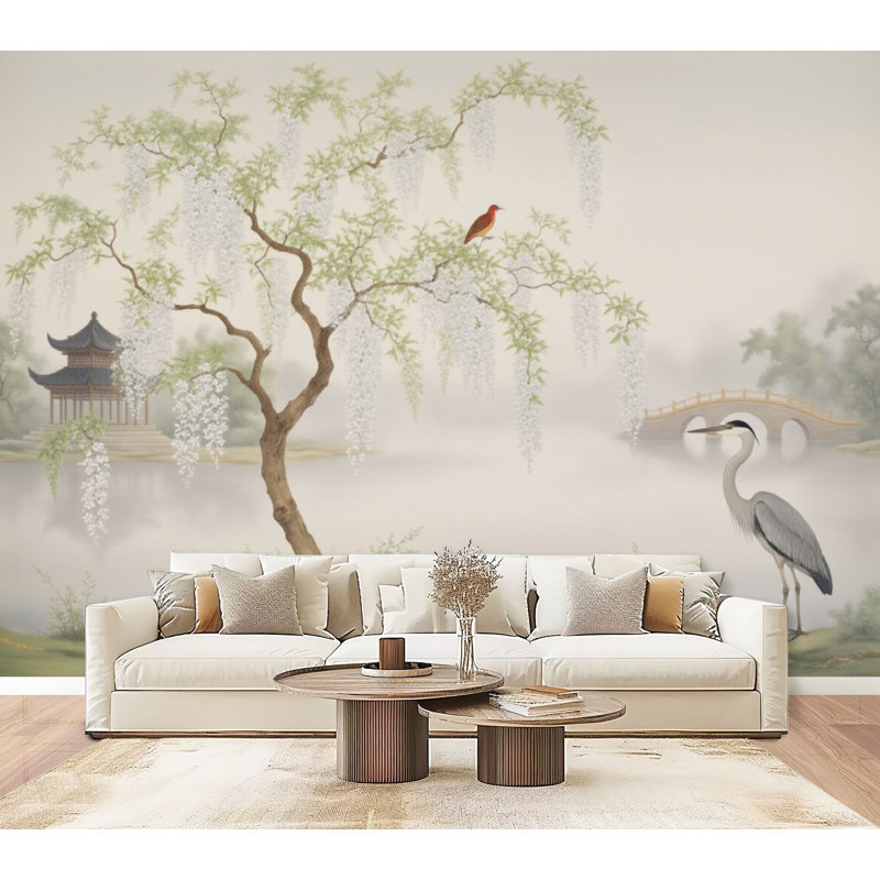 Papiers peints modernes adhésifs à motif de fleurs d'oiseaux réfléchissant l'eau H 69 po x l 96 po, papier peint amovible en PVC, adhésif mural pour le salon de la chambre à coucher