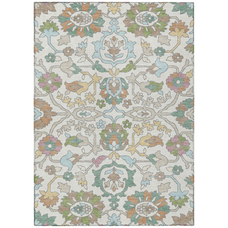 Machine Washable Indoor/Outdoor Chantille ACN2587 Floral Rug, Ivory, 10' x 14'