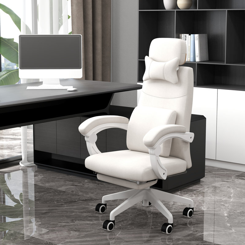 Polyester Office Chair with Headrest, White, White