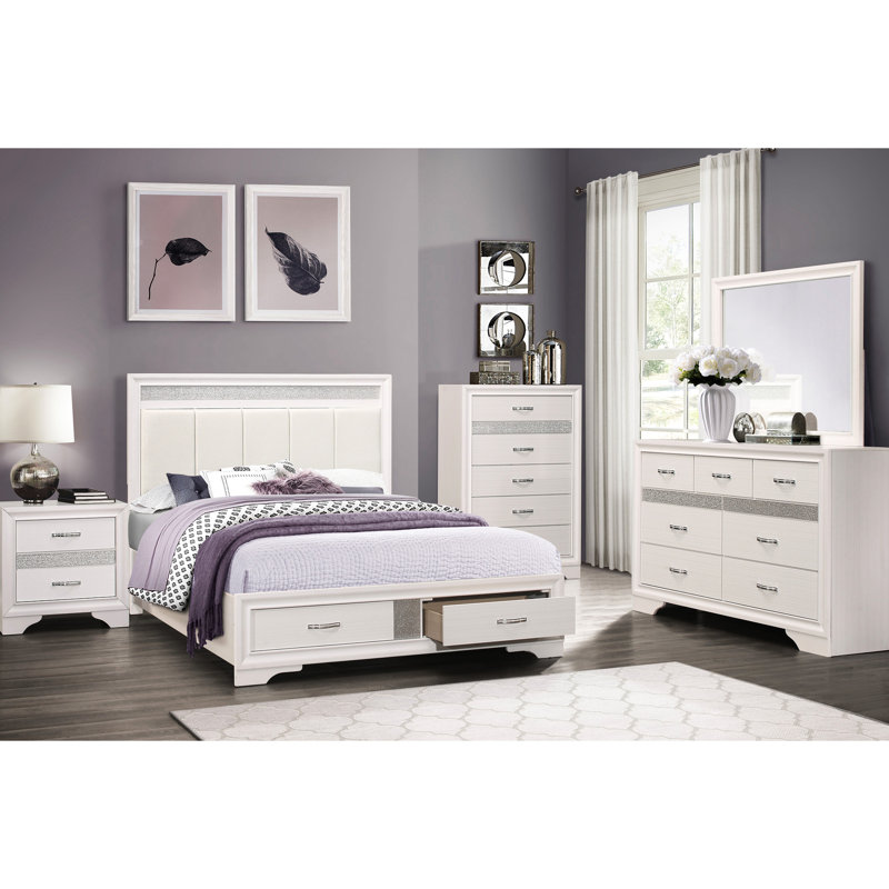 Lit plateforme grand moderne avec tête de lit tapissier en similicuir et rangement, finition blanche, paillettes argentées, tête de lit en bois glamour, tiroirs de rangement, fabrication, utilisation