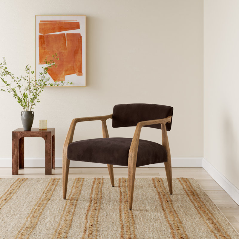Berthe Solid Oak Wood Armchair with Square Arms, Surrey Cocoa Performance Velvet