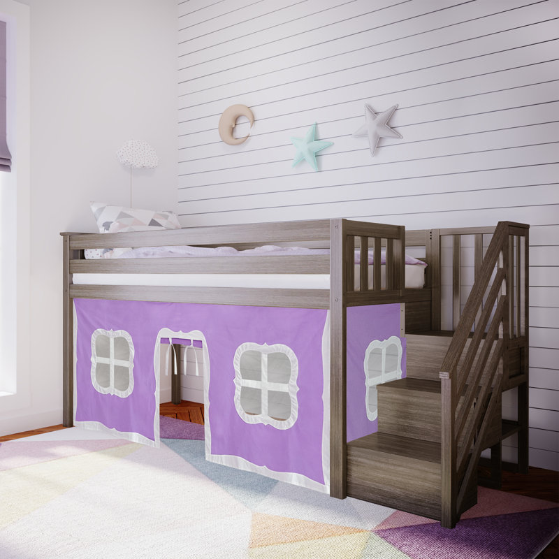 Lit mezzanine simple avec escalier et rideau de jeu Glyndon Kids, Argile, Mauve