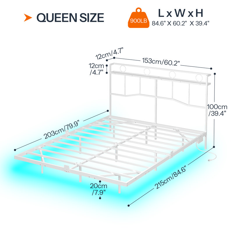 Bed Frame With Charging Station And Led Light Strip, Floating Bed Frame With Headboard, Metal Slat Support, For Bedroom