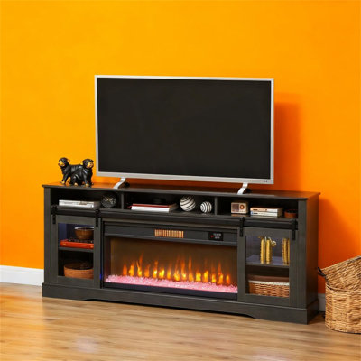 Spacious TV Console With Electric Fireplace, Open Compartments, And Side Cabinets For Modern Living