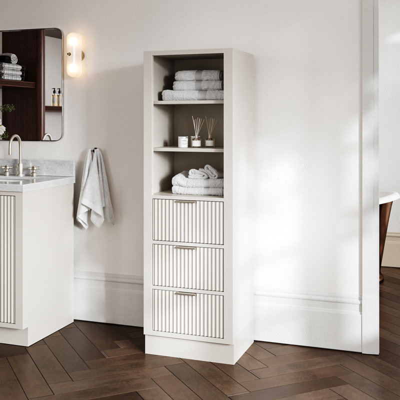 Koeninger Solid Wood Bathroom Linen Storage Cabinet, Pre-assembled, 65”H x 20”W x 16”D Warm White, Warm White