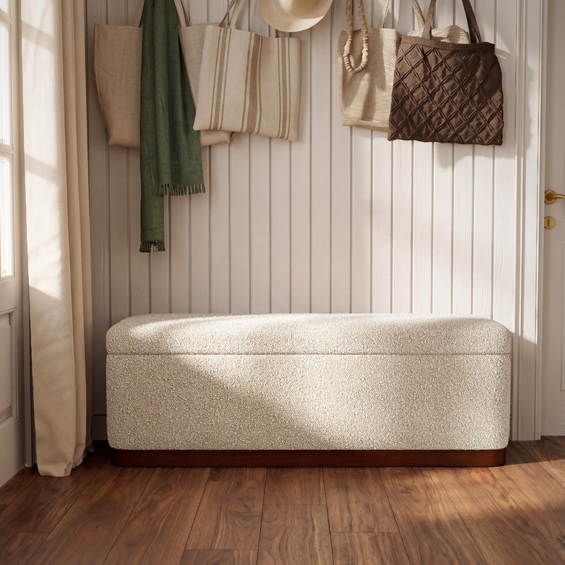 Modern 46" Bouclé Upholstered Storage Bench with Walnut Solid Wood Base & Hidden Compartment, BEIGE