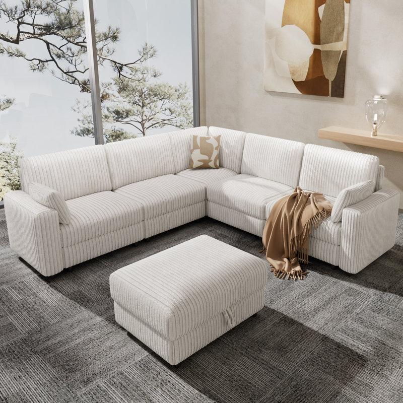 6 Seat Extra Large Modular Sectional Sofa With Luxurious Corduroy Upholstery, Modern Oversized Convertible U & L Shaped Sectional Couch With Deep Seat Ottoman, Tool-Free Assembly
