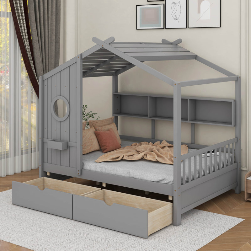 Lit double pleine grandeur avec tiroirs, gris