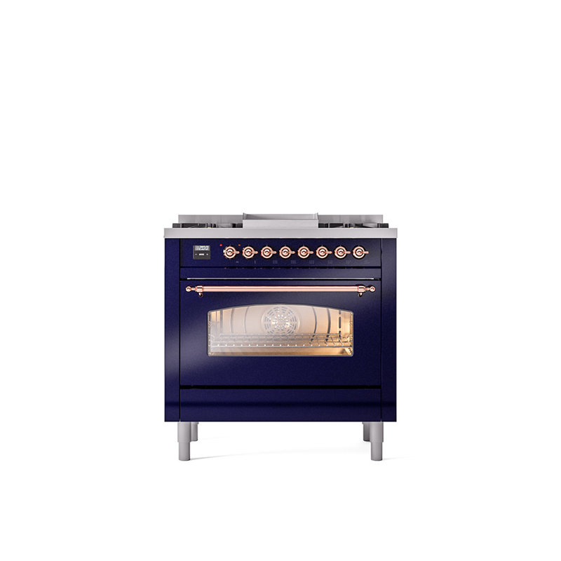 ILVE Nostalgie II Series 36 inch Dual Fuel Range with 6 Burners, Griddle (Glass Door), Midnight Blue/Copper, Liquid Propane