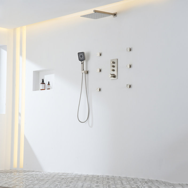 3-Function 12-Inch Wall Mount Thermostatic Bathroom Shower System, Matte Black