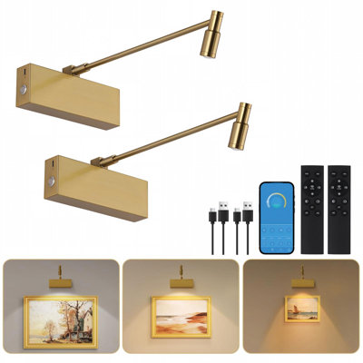 Picture Light with Adjustable LED Beam, Wireless Rechargeable Art Light with Remote, Dimmable and Zoomable Spotlight, 2 Pack, (Black)